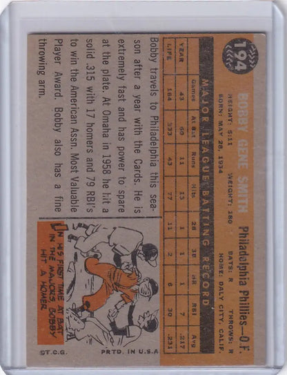 Vintage baseball card of Bobby Gene Smith with player stats and cartoon illustration