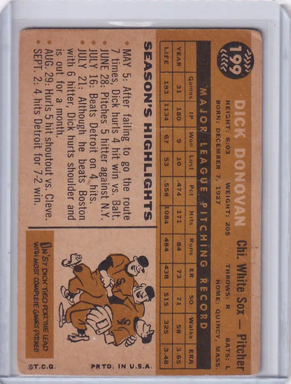 Vintage baseball card of Dick Donovan featuring Chicago White Sox player stats and illustration