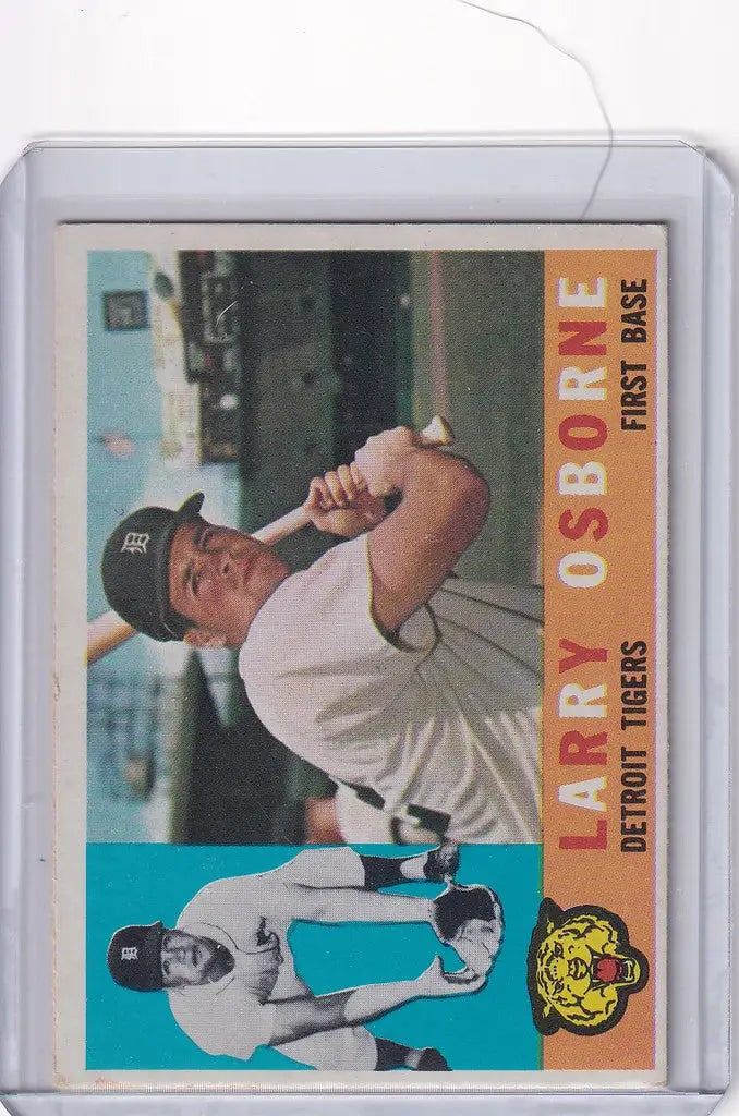 Vintage baseball card of Larry Osborne from the Detroit Tigers swinging a bat