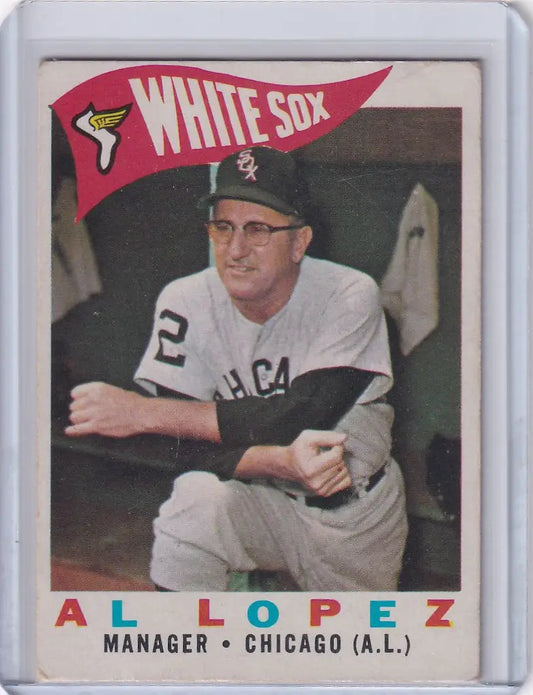 Baseball card of Al Lopez, Chicago White Sox manager in team uniform, 1960 Topps #222