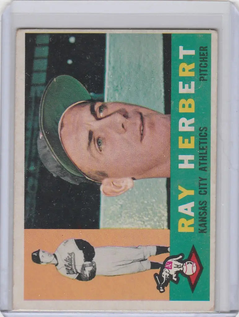 Baseball card of Ray Herbert in a green cap for Kansas City Athletics with action inset