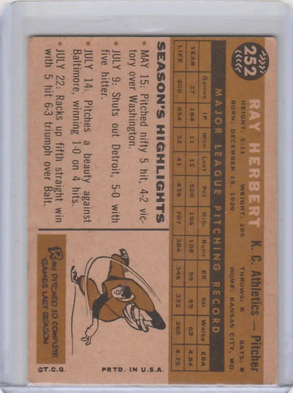 Vintage baseball card of Ray Herbert featuring Kansas City Athletics Native American mascot