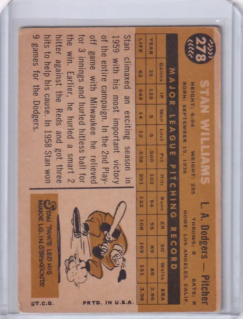 1960 Topps #278 Stan Williams - Los Angeles Dodgers