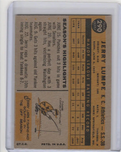 Vintage Baseball Trading Card of Jerry Lumpe Kansas City Athletics with Player Stats and Illustration