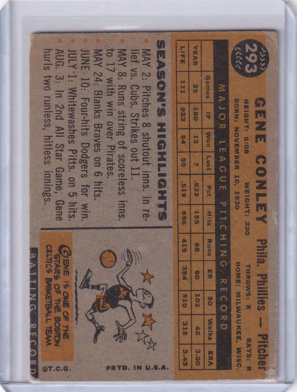 Vintage baseball card of Gene Conley from the Philadelphia Phillies with player stats