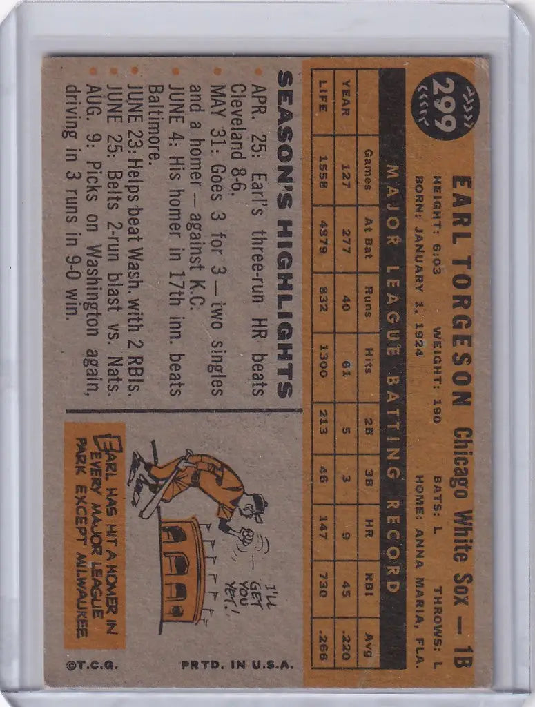 Vintage 1960 Topps #299 Earl Torgeson Chicago White Sox baseball card illustration