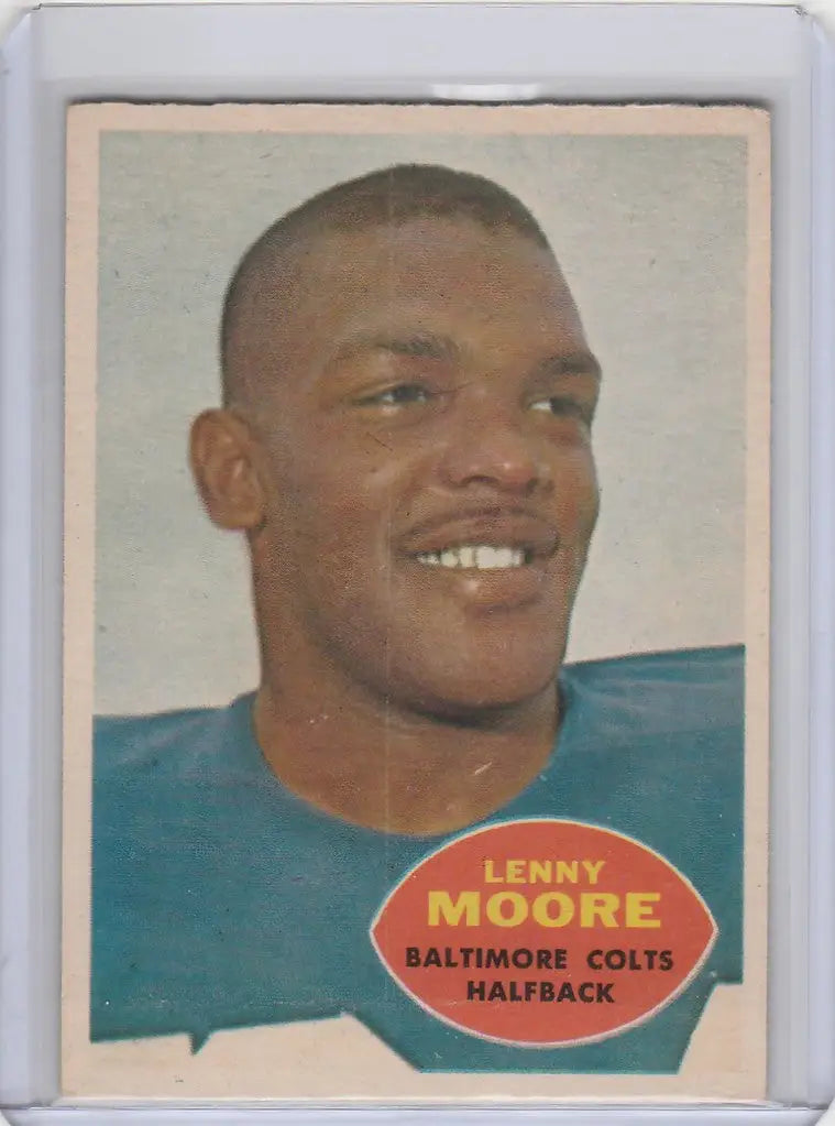 Vintage Lenny Moore Baltimore Colts football card in EXMT condition, showcasing a smiling player