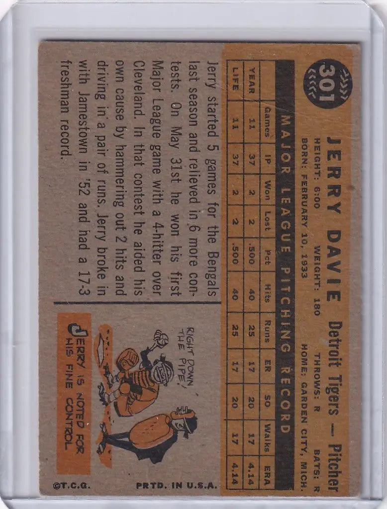 Vintage 1960 Topps #301 Jerry Davie baseball card for Detroit Tigers with player stats