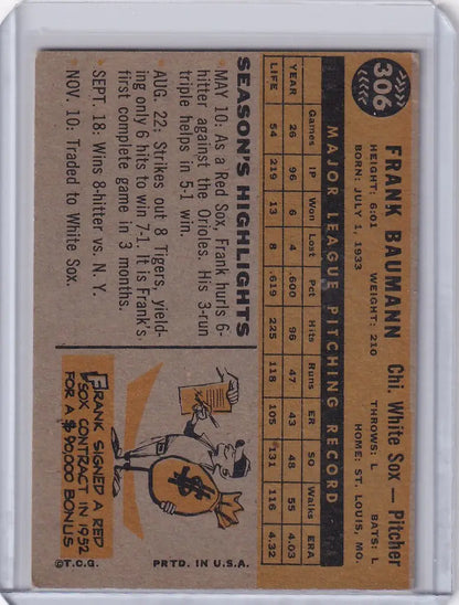 Vintage baseball card of Frank Baumann showcasing Chicago White Sox player stats