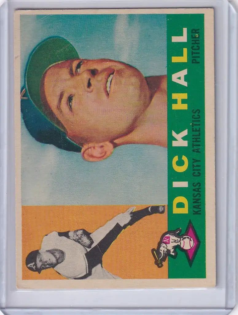 Baseball card of Dick Hall, Kansas City Athletics player in green cap with portrait and action shot