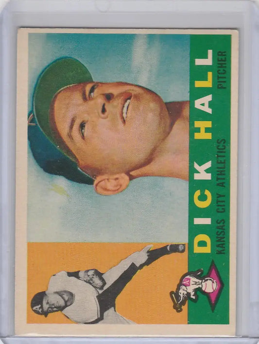 Vintage Dick Hall Kansas City Athletics baseball card with action shots below