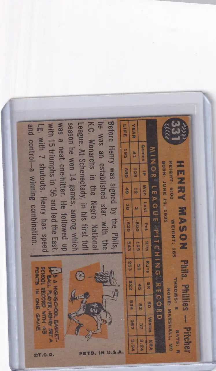 1960 Topps #331 Henry Mason - Philadelphia Phillies RC - Baseball Card Single