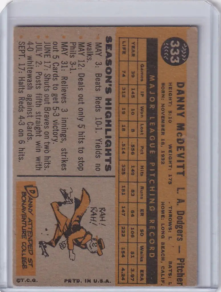 Vintage baseball card of Danny McDevitt swinging bat for Los Angeles Dodgers