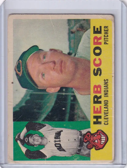 Baseball card of Herb Score from the Cleveland Indians in a green cap