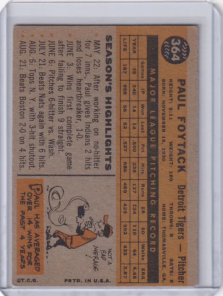 Vintage Trading Card of Paul Foytack from the Detroit Tigers with player statistics