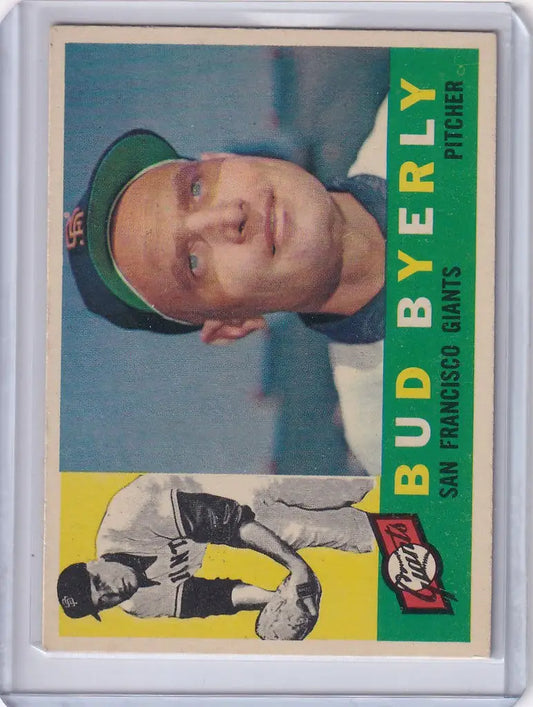 Baseball card of Bud Byerly from San Francisco Giants with a green cap