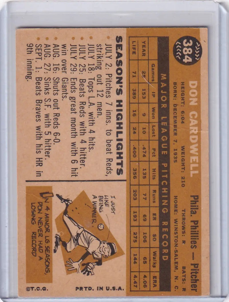 1960 Topps #384 Don Cardwell - Philadelphia Phillies