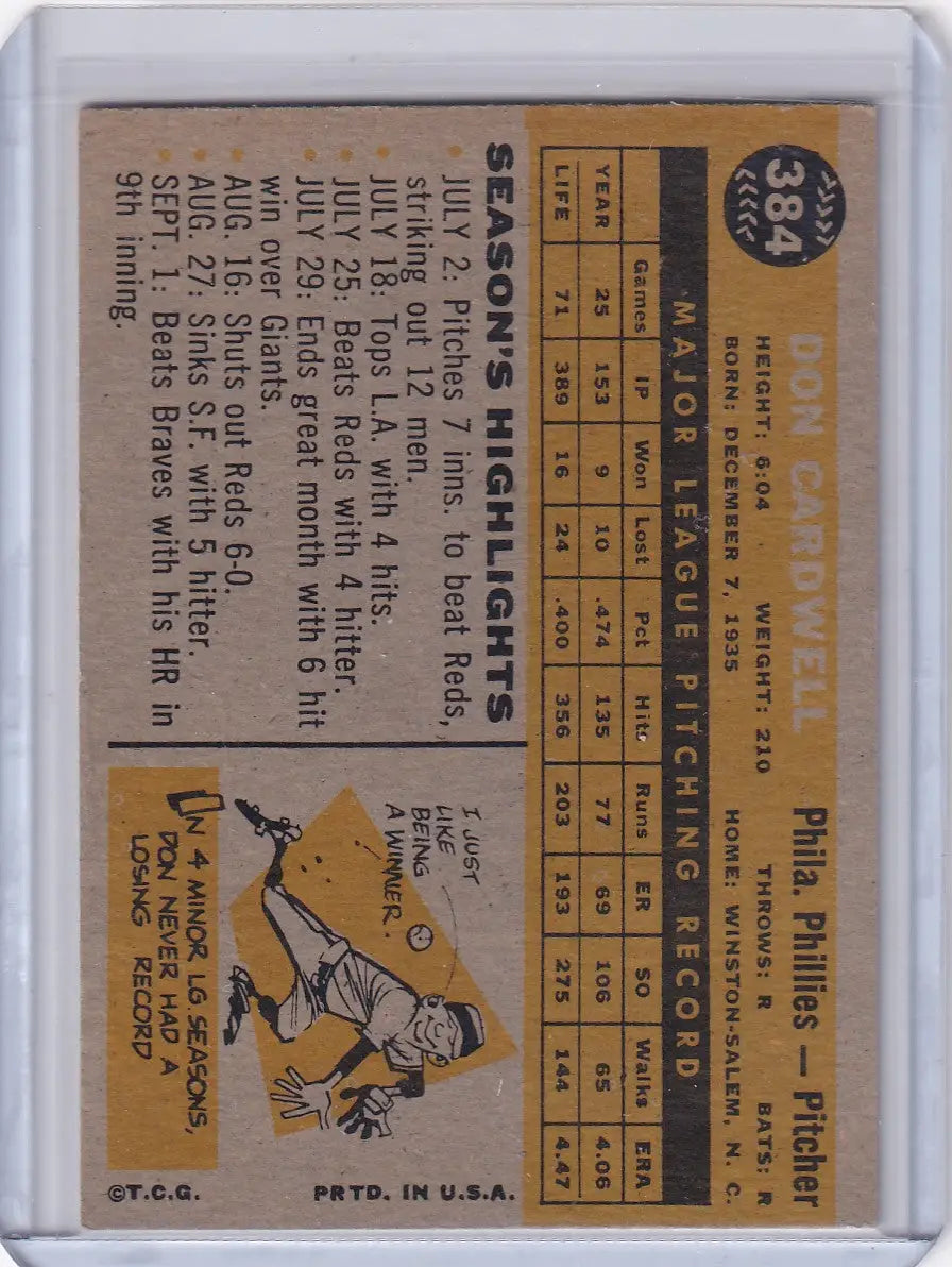 1960 Topps #384 Don Cardwell - Philadelphia Phillies