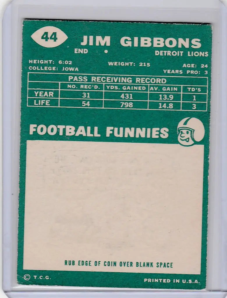 Vintage Jim Gibbons Detroit Lions trading card 1960 Topps #44 EXMT condition