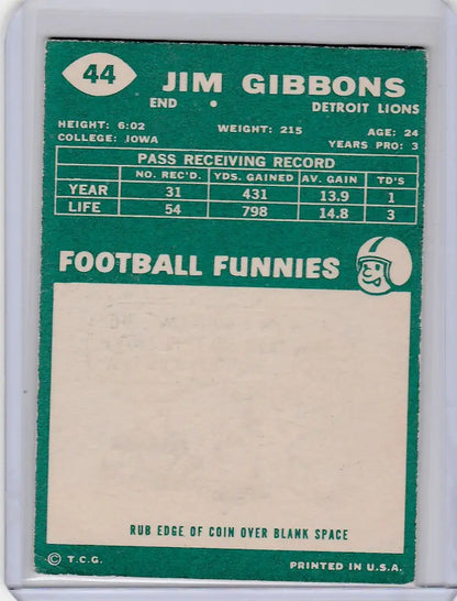 Vintage Jim Gibbons Detroit Lions trading card 1960 Topps #44 EXMT condition