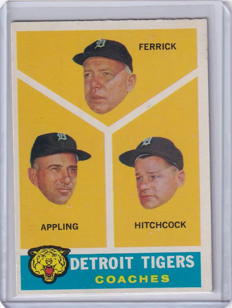 1960 Topps #461 Tigers Coaches baseball card featuring portraits of three coaches