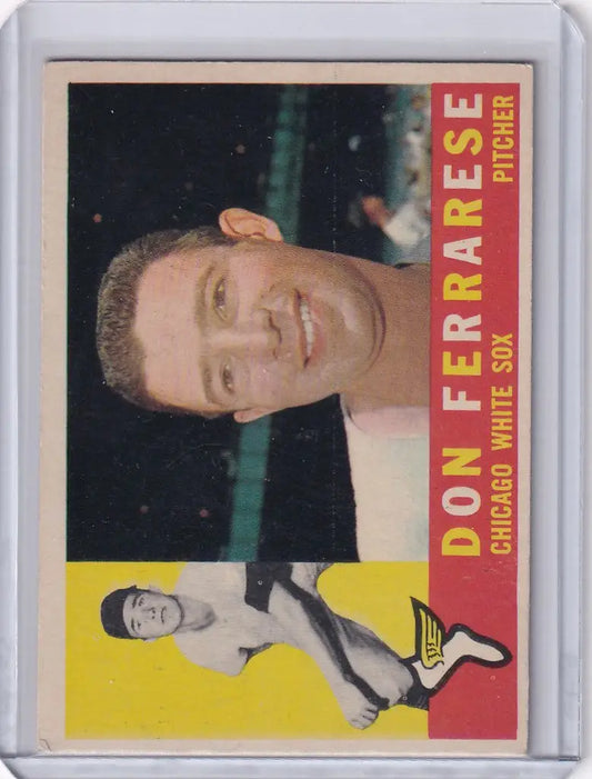 Baseball card of Don Ferrarese in a Chicago White Sox white uniform, smiling