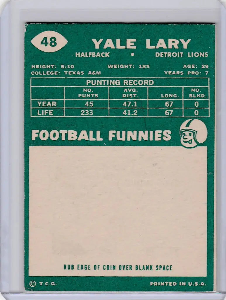 Vintage football trading card of Yale Lary from the Detroit Lions EXMT edition