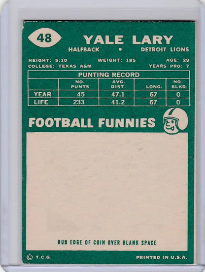 Vintage football trading card of Yale Lary from the Detroit Lions EXMT edition