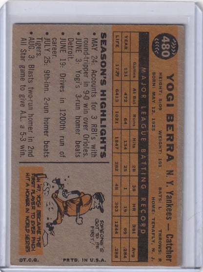 Vintage Yogi Berra baseball card from 1960 Topps featuring York Yankees player