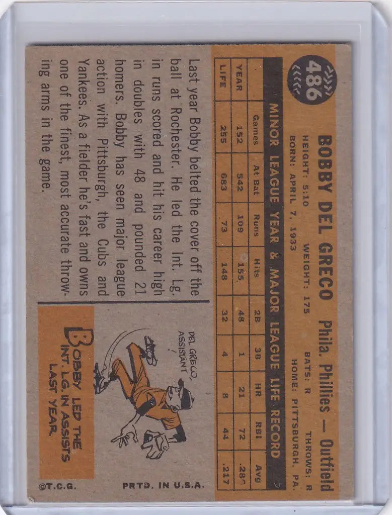 Vintage baseball card of Bobby Del Greco sliding into a base for the Philadelphia Phillies