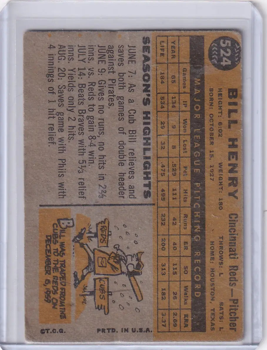 Baseball card of Cincinnati Reds player Bill Henry from 1960 Topps series