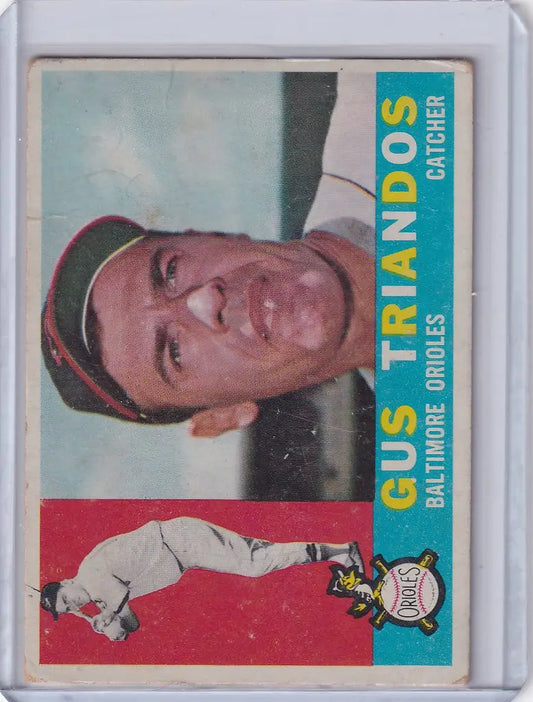 1960 Topps Gus Triandos baseball card featuring a smiling Baltimore Orioles player