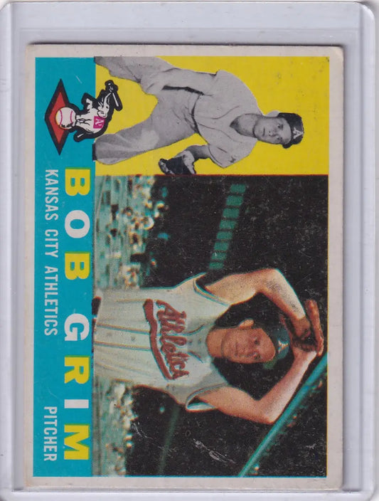 Baseball trading card of Bob Grim from the Kansas City Athletics in 1960 Topps series