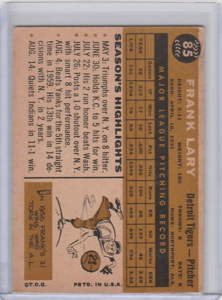 Vintage baseball card of Frank Lary with statistics and illustration for Detroit Tigers