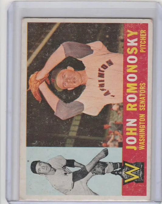 Vintage John Romonoski Washington Senators baseball card in white uniform