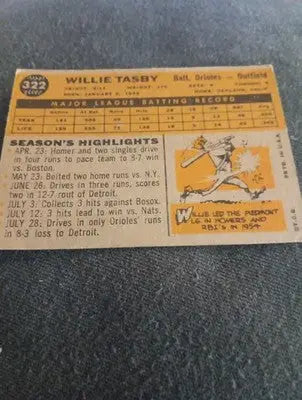 1960 Topps - All-Star Rookie Willie Tasby #322. RC. VG+ - EX - Baseball Card Single