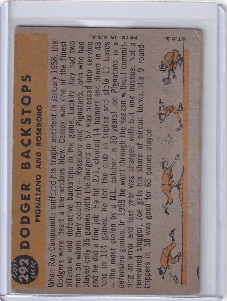 Vintage baseball card showcasing Dodgers Backstop Pignatano and Roseboro illustrations