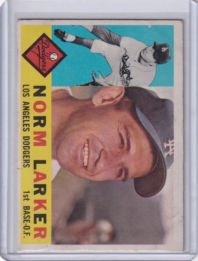 Baseball card of Norm Larker, Los Angeles Dodgers player in Yankees cap and uniform