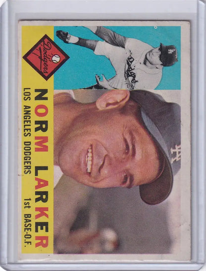 Baseball card of Norm Larker, Los Angeles Dodgers player in Yankees cap and uniform