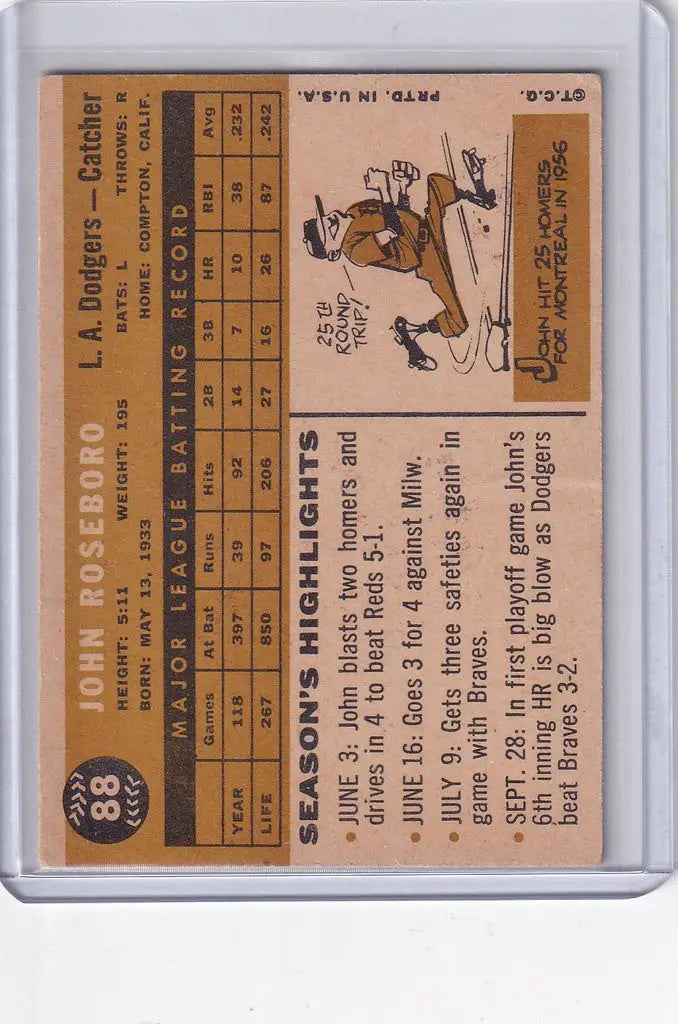 Vintage Topps Baseball card of John Roseboro, Los Angeles Dodgers player sliding into base