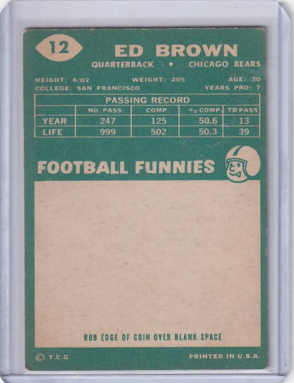 Vintage green Topps Football card of Ed Brown - Chicago Bears with passing stats and Football Funnies