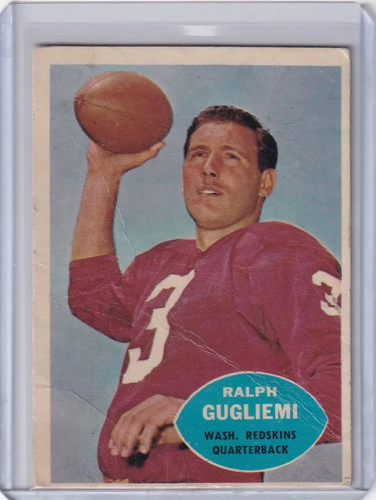 Vintage 1960 Topps Football card of Ralph Guglielmi UER in a red jersey