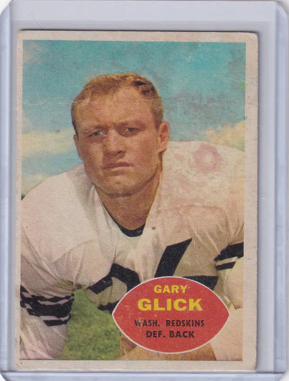 Vintage Topps Football card of Gary Glick, Washington Redskins defensive back in white jersey