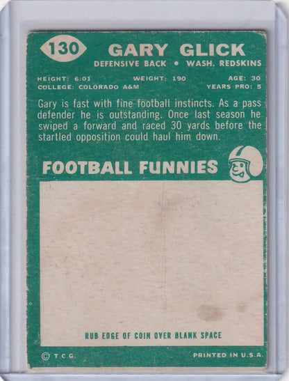 Backside of 1960 Topps Football card featuring Gary Glick of the Washington Redskins