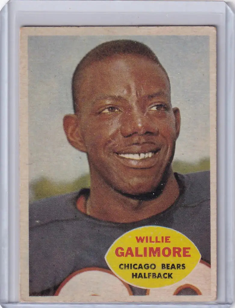 Vintage Topps Football card of Willie Galimore, smiling in a Chicago Bears jersey