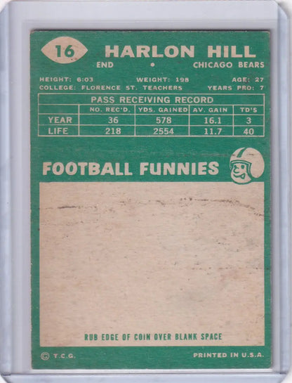 Vintage 1960 Topps Football card of Harlon Hill UER, Chicago Bears player #16