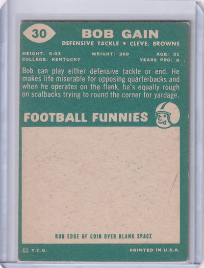 Vintage 1961 Bob Gain Cleveland Browns Topps Football card with player stats and bio