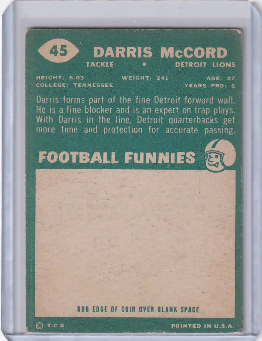 1960 Topps Football # 45 Darris McCord RC - Detroit Lions