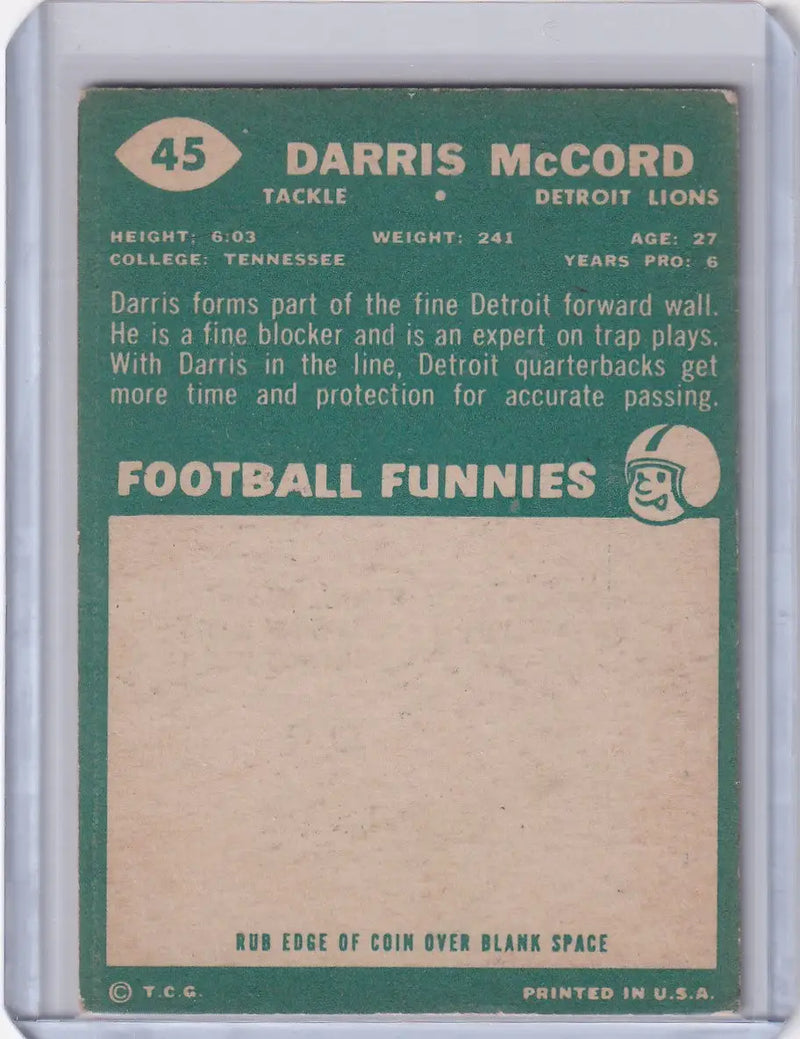 1960 Topps Football # 45 Darris McCord RC - Detroit Lions