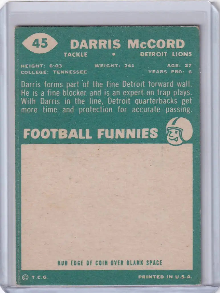 Vintage Topps Football card of Darris McCord, Detroit Lions player, 1960 edition